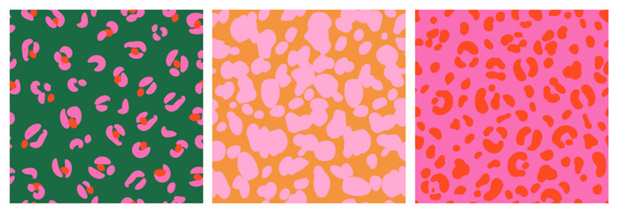 Set of Abstract leopard skin seamless patterns. Animal print vibrant color design. Geometric folklore ornament for background, textile, fabric, packaging, poster, wallpaper. Vector illustration.