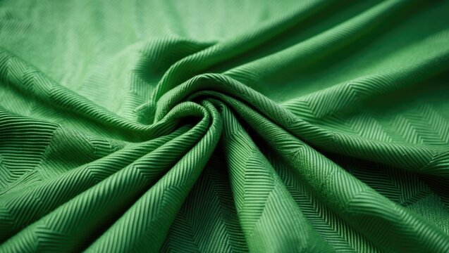 Close-up of a green colored fabric texture featuring herringbone, zigzag, and chevron patterns. Abstract textile fabric background for upholstery or drapery design.