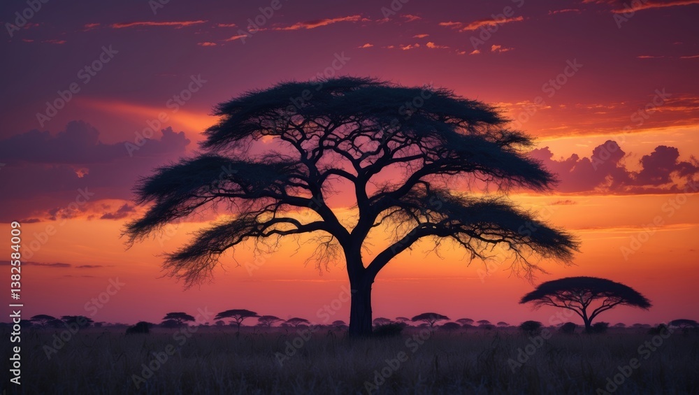 Poster panorama silhouette of a tree against sunset. tree outlined against a setting sun. dark tree in an o