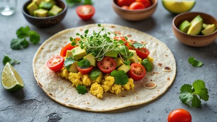 Scrambled Tofu Tacos topped with avocado, tomatoes, and green herbs. Nutritious Vegan Breakfast.