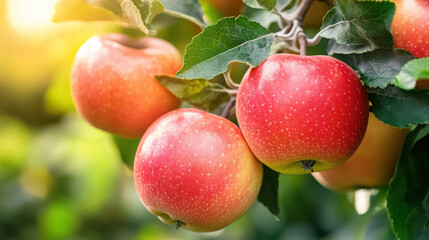 Obraz premium Fresh apples hanging on a tree, showcasing their vibrant colors in natural light.