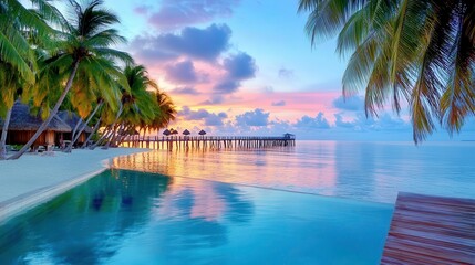 Naklejka premium Tropical Beach Sunset, Ocean View Pool - Relaxation & Wellness