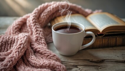 Selective focus photo of a pink cozy knitted scarf alongside two cups of coffee and an open book on a wooden table.
