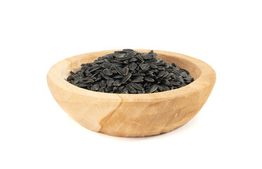 Sunflower seeds pile isolated, black oil sun flower grains group with shell, fresh edible oil seeds heap