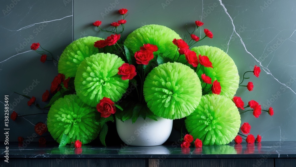 Poster ornamental plants arranged in a ceramic vase on shelves against a tile background with space availab