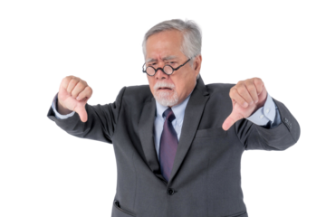 Asian senior businessman in a formal suit and glasses showing a thumbs-down gesture, expressing strong disapproval, disappointment, frustration, or rejection, isolated on a transparent background