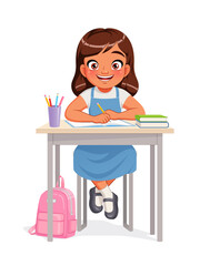 Cute little school girl sitting at the desk. Cartoon vector illustration.