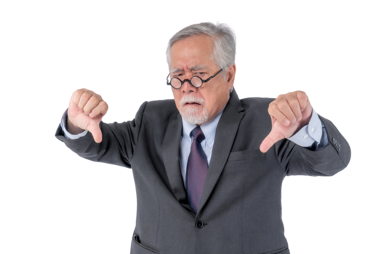 Asian senior businessman in a formal suit and glasses showing a thumbs-down gesture, expressing strong disapproval, disappointment, frustration, or rejection, isolated on a transparent background
