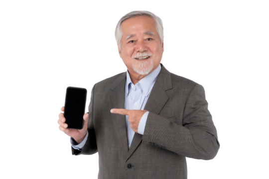 Senior Asian Man Smiling and Pointing at a Smartphone with Black Screen, Wearing Formal Suit and Light Blue Shirt, isolated on a transparent background , Ideal for Business, Technology, App Promotions