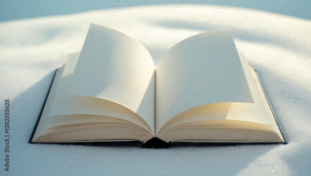 Poster open book featuring empty pages, set against a white background.
