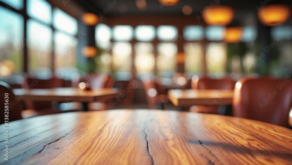 Poster selected focus on an empty brown wooden table with a blurred background featuring a bokeh effect, id