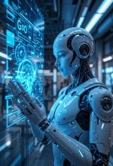 Fototapeta premium Hyper-realistic AI-powered humanoid robot analyzing a holographic display with complex data streams and neural network visualizations in a high-tech environment Generative AI