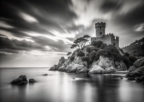 Black & White Long Exposure: Majestic Coastal Castle at Cala Frares, Lloret de Mar, Spain