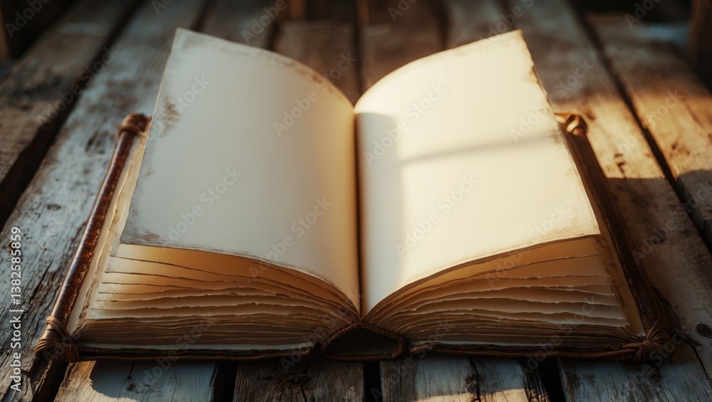 Aufkleber open empty pages of an ancient book on wooden backdrop.