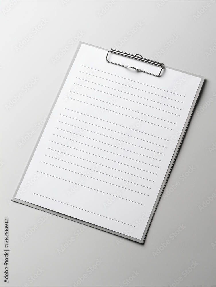 Poster clipboard with blank paper: a clipboard holds a pristine sheet of lined paper, ready for notes or do