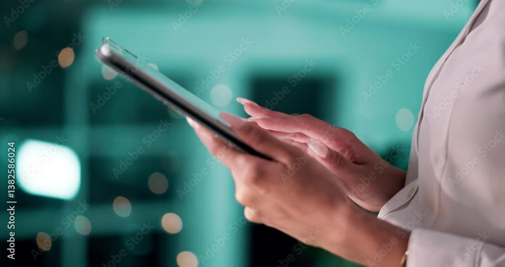 Aufkleber screen, browsing and hands with tablet, office and research for industry trends on web, bokeh and ap