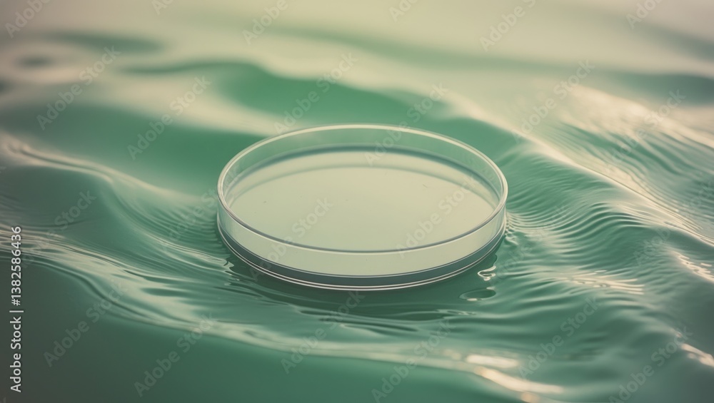 Aufkleber Empty glass circular podium on clear transparent water texture with splashes and waves in sunlight. Abstract nature backdrop for product display. Flat lay cosmetic mockup.