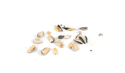 Sunflower seeds pile isolated, black oil sun flower grains group with shell, fresh edible oil seeds heap