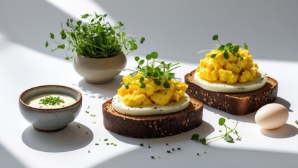Scrambled egg sandwich topped with cream cheese on rye toast, served for breakfast against a white backdrop. Healthy breakfast or snack.