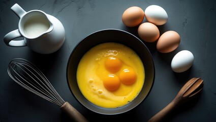 Scrambled eggs, omelet. Cook whisking eggs in dark bowl preparing omelet with milk. Classic nutritious breakfast.