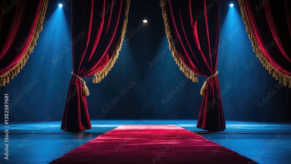 Poster open the red curtain for a performance on stage with a blue spotlight.