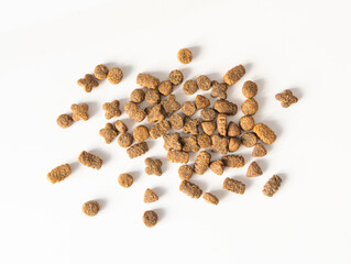 Dry pet food in sunlight, dog kibble pile, scattered puppy pellets, small canine protein croquette
