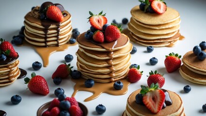 Set of tasty pancakes with various toppings on a white background, viewed from above.