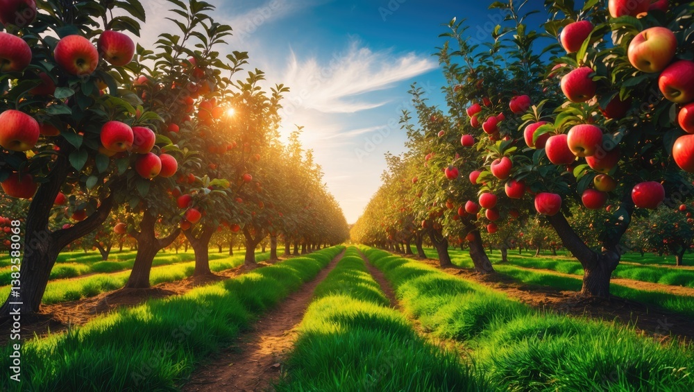 Aufkleber Orchard filled with red ripe apples on branches. Two rows of trees abundant with fruit under a bright blue sky, almost ready for harvesting. Morning photograph.