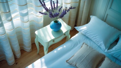 A classic bedside table with a vase positioned by a window.