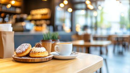 Fototapeta premium cozy cafe scene featuring plate of donuts and cup of coffee on wooden table, creating warm and inviting atmosphere