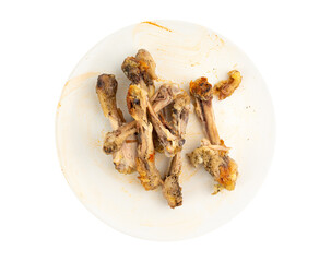 Chicken Leftovers, Unfinished Grilled Chicken on Dirty Plate Isolated, Meat Pieces and Bones after Dinner