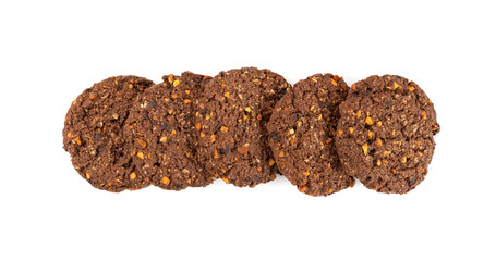 Chocolate oatmeal cookies, healthy cereal oat crackers with nuts, crispy homemade cookie with cocoa powder