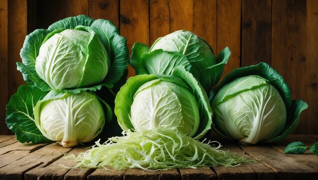organic white cabbage on rustic wooden surface