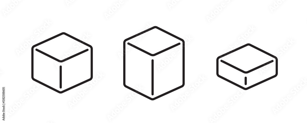 Poster cube box package box size or dimension line stroke art outline icon pictogram graphic set, peace of 
