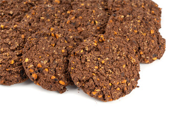 Chocolate oatmeal cookies, healthy cereal oat crackers with nuts, crispy homemade cookie with cocoa powder