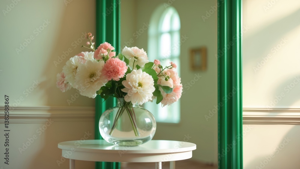 Poster a vertical image of pink and white flowers displayed in a glass vase in front of a mirror on a table