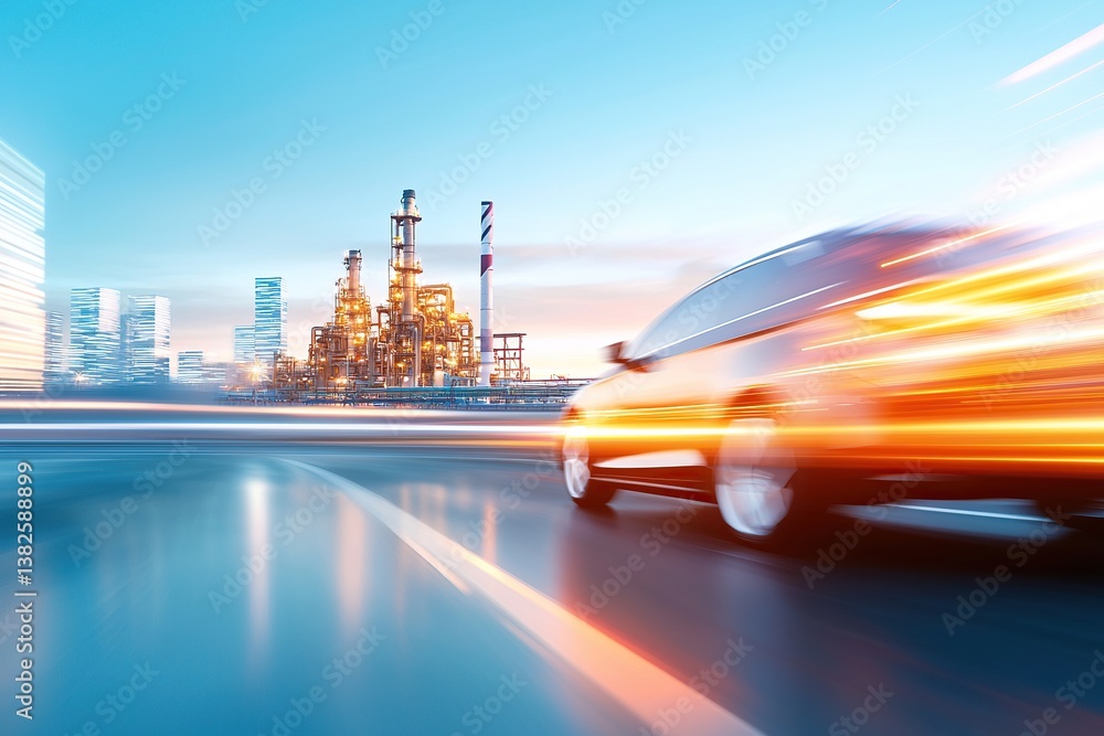 Poster dynamic cityscape with a speeding car, showcasing modern architecture and vibrant motion blur.