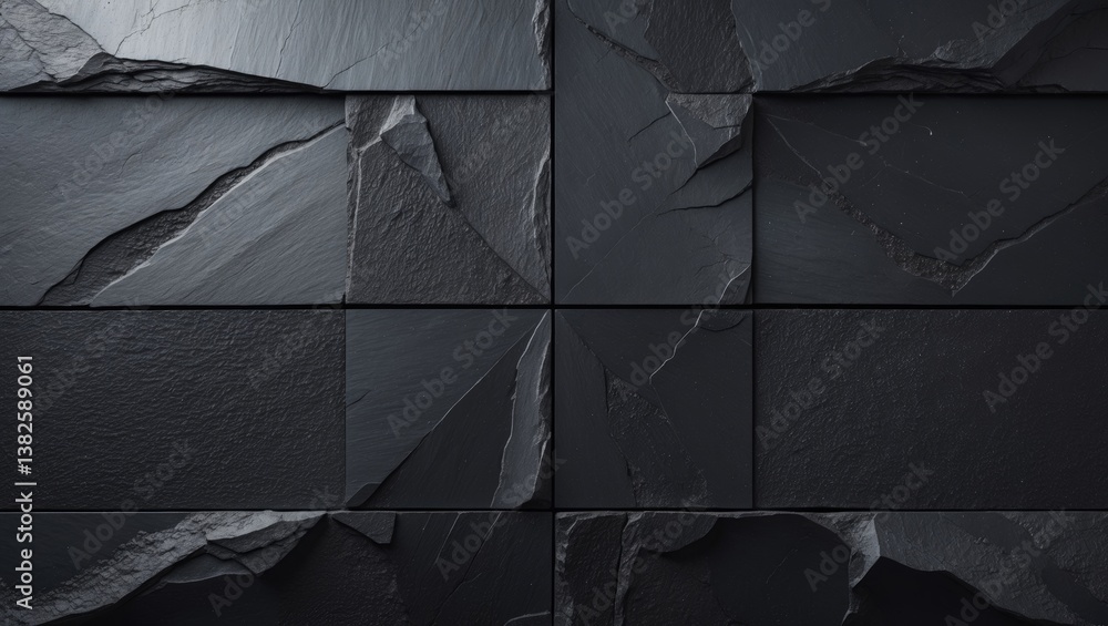 Poster panorama of a dark gray slate background or texture with black slabs and features.