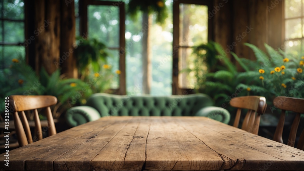 Aufkleber selected focus on an empty brown wooden table with a blurred background featuring a bokeh effect for