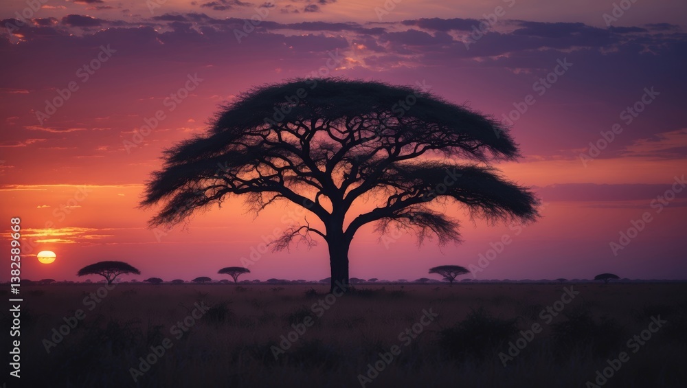 Poster panorama of a silhouetted tree at sunset. the dark tree is framed by a setting sun in a dramatic ope