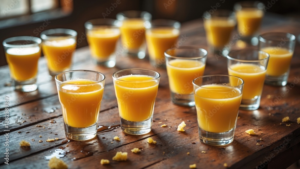 Poster a table set with many glasses of orange juice next to several empty ones.