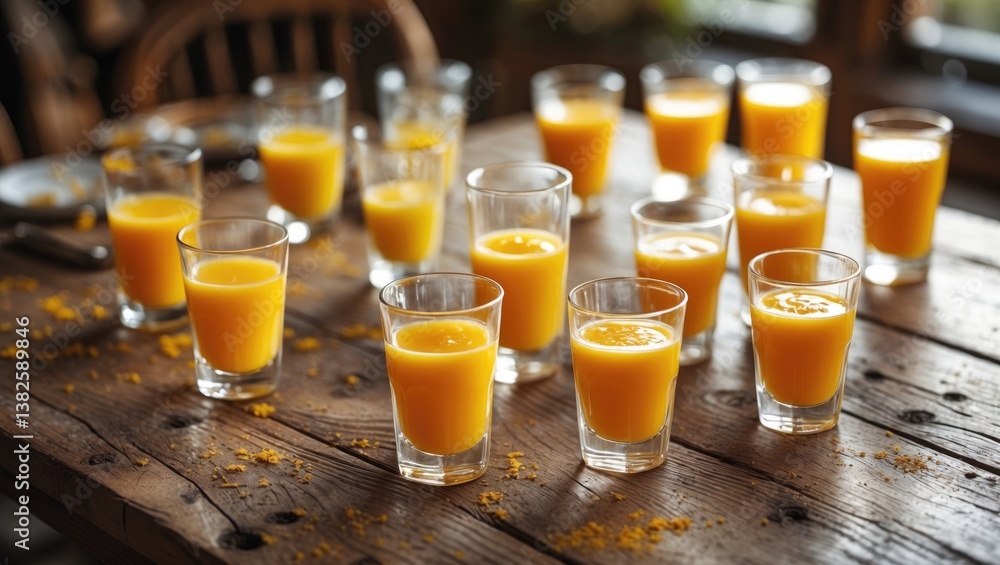Poster a table set with many glasses of orange juice next to several empty ones.