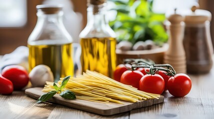 Wooden table on blurred kitchen bench background. food ingredient on wooden table and blurred kitchen background .