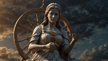 Obraz premium A statue of Lachesis, spinning the wheel of fate, forecasting the path yet to come