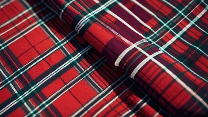 Scottish tartan design. Red plaid fabric as backdrop. Colored lines and square motifs. Checked textile with seam.