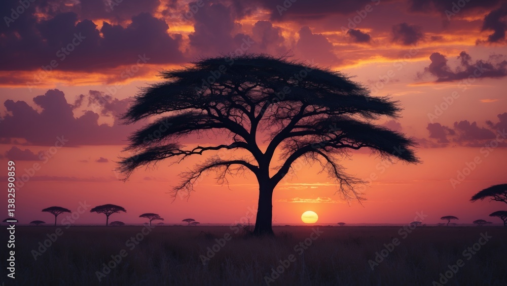Poster panorama silhouette of tree against sunset. dark tree outlined by a setting sun. dramatic sunrise fe