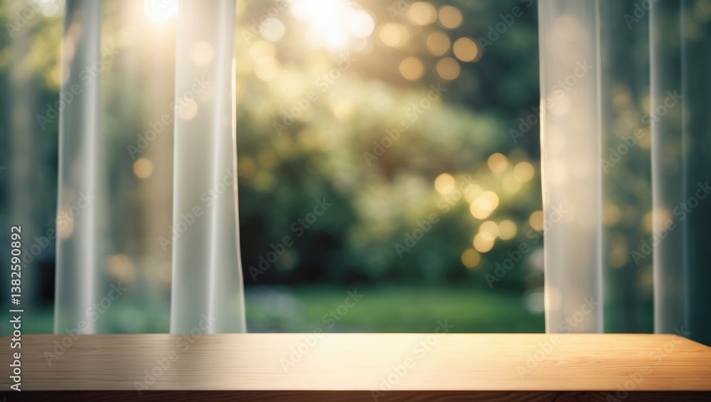 Poster selective focus. unoccupied wooden tabletop in front of a blurred curtain window and abstract greene