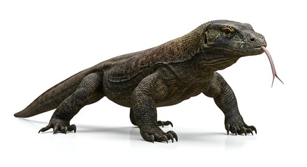 Obraz premium A Komodo dragon walking slowly on a white surface