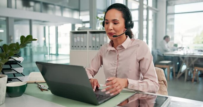 Call centre, customer service and woman with headset, laptop and telemarketing in business or talking. Communication, representative and person with tech for lead generation, consultation and sales