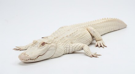 A rare albino alligator resting, white background